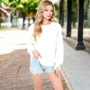 White Small Women's Oversized Long Sleeve Pullover Sweatshirt with Drop Shoulders and Side Slits