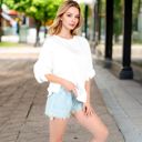 White Small Women's Oversized Long Sleeve Pullover Sweatshirt with Drop Shoulders and Side Slits