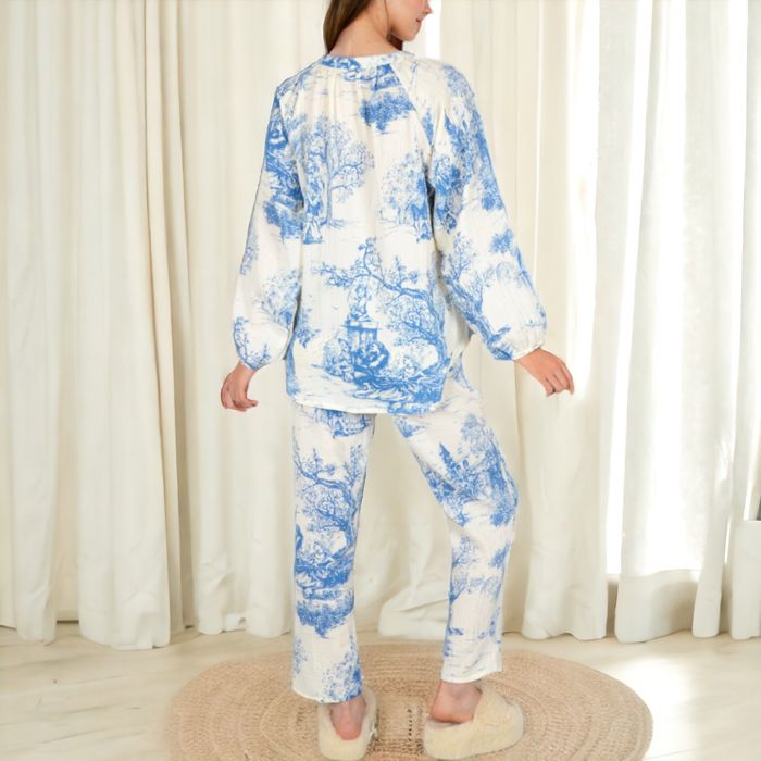 Women's Two-Piece Printed Lounge Set with Button-Up Top and Elastic Waist Pants