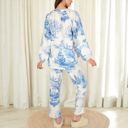 Blue Large Women's Two-Piece Printed Lounge Set with Button-Up Top and Elastic Waist Pants