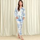 Blue Large Women's Two-Piece Printed Lounge Set with Button-Up Top and Elastic Waist Pants