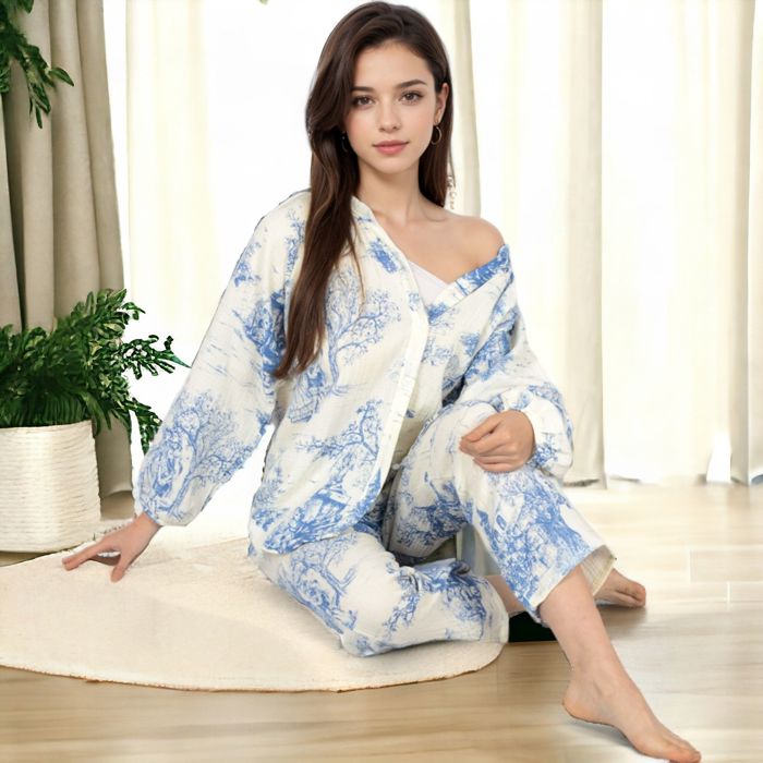 Women's Two-Piece Printed Lounge Set with Button-Up Top and Elastic Waist Pants