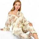 Beige Large Women's Two-Piece Printed Lounge Set with Button-Up Top and Elastic Waist Pants