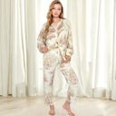 Beige Large Women's Two-Piece Printed Lounge Set with Button-Up Top and Elastic Waist Pants