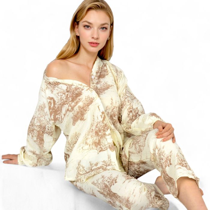 Women's Two-Piece Printed Lounge Set with Button-Up Top and Elastic Waist Pants