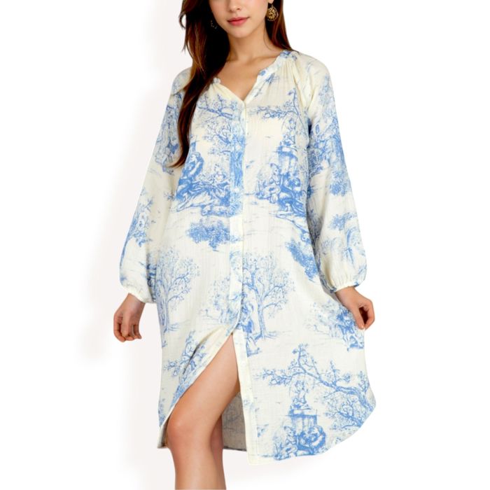 Women's Printed Button-Up Long Sleeve Shirt Dress with Relaxed Fit