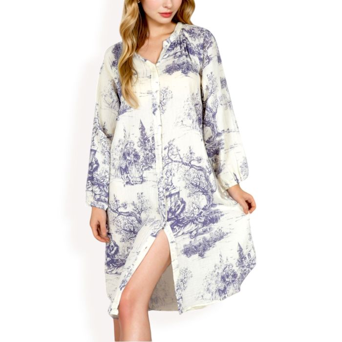 Women's Printed Button-Up Long Sleeve Shirt Dress with Relaxed Fit