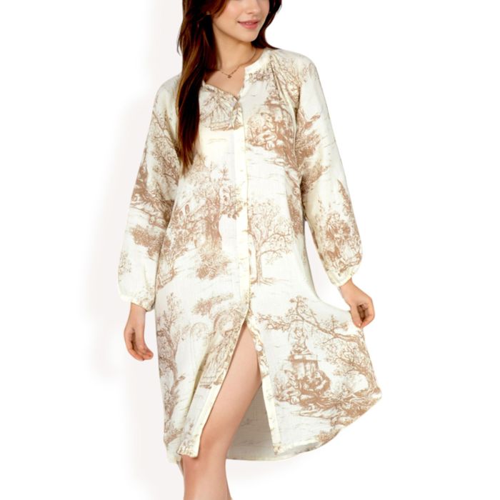 Women's Printed Button-Up Long Sleeve Shirt Dress with Relaxed Fit