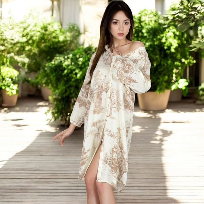 Women's Printed Button-Up Long Sleeve Shirt Dress with Relaxed Fit