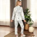 Blue Large Women's Printed Button-Up Pajama Set with Piping Details