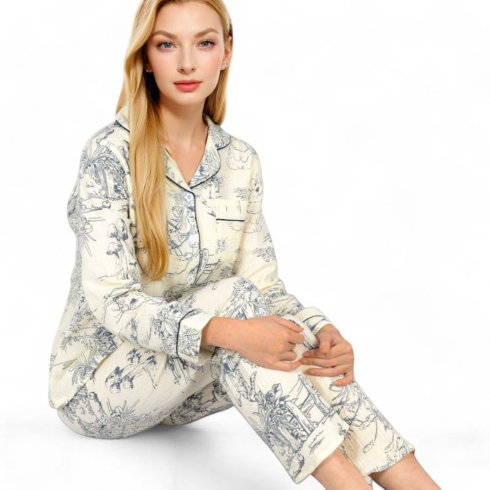 Women's Printed Button-Up Pajama Set with Piping Details