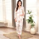 Beige Large Women's Printed Button-Up Pajama Set with Piping Details