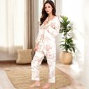 Beige Large Women's Printed Button-Up Pajama Set with Piping Details