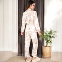 Beige Large Women's Printed Button-Up Pajama Set with Piping Details