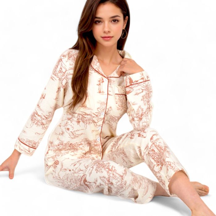 Women's Printed Button-Up Pajama Set with Piping Details