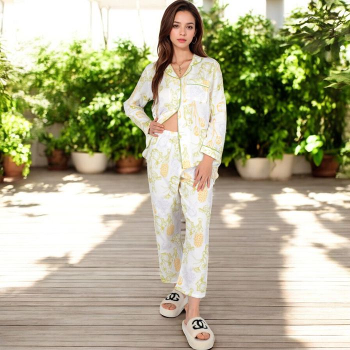 Women's Printed Gauze Pajama Set with Button-Up Shirt and Relaxed Fit Pants