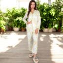 White Large Women's Printed Gauze Pajama Set with Button-Up Shirt and Relaxed Fit Pants