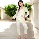 White Large Women's Printed Gauze Pajama Set with Button-Up Shirt and Relaxed Fit Pants