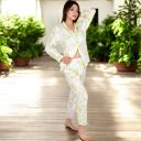 White Large Women's Printed Gauze Pajama Set with Button-Up Shirt and Relaxed Fit Pants