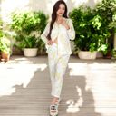 White Large Women's Printed Gauze Pajama Set with Button-Up Shirt and Relaxed Fit Pants