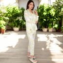 White Large Women's Printed Gauze Pajama Set with Button-Up Shirt and Relaxed Fit Pants