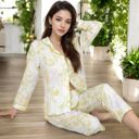 White Large Women's Printed Gauze Pajama Set with Button-Up Shirt and Relaxed Fit Pants