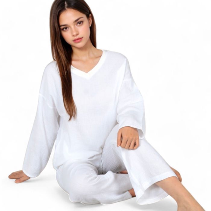 Women's V-Neck Top and Wide-Leg Pant Set in Soft Waffle Knit