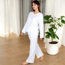 White Large Women's V-Neck Top and Wide-Leg Pant Set in Soft Waffle Knit