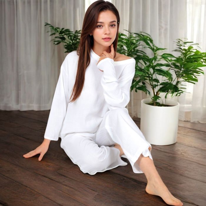 Women's V-Neck Top and Wide-Leg Pant Set in Soft Waffle Knit