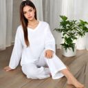 White Large Women's V-Neck Top and Wide-Leg Pant Set in Soft Waffle Knit