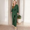 Green Large Women's Wrap Top and Wide-Leg Pants Set with Tie Waist