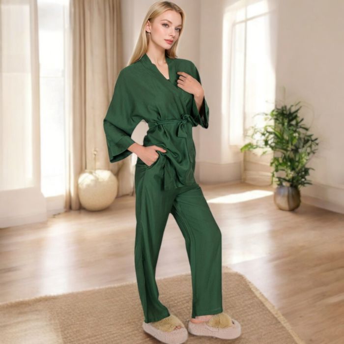 Women's Wrap Top and Wide-Leg Pants Set with Tie Waist