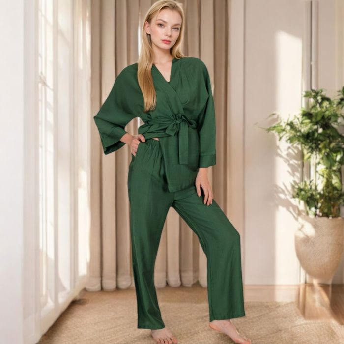 Women's Wrap Top and Wide-Leg Pants Set with Tie Waist