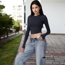 Black Small Women's Long Sleeve Cropped Crew Neck Top