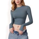 Blue Large Women's Long Sleeve Cropped Crew Neck Top