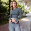 Blue Large Women's Long Sleeve Cropped Crew Neck Top