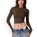 Brown Large Women's Long Sleeve Cropped Crew Neck Top