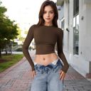 Brown Small Women's Long Sleeve Cropped Crew Neck Top