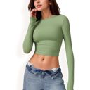 Green Large Women's Long Sleeve Cropped Crew Neck Top