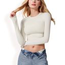 Beige Large Women's Long Sleeve Cropped Crew Neck Top