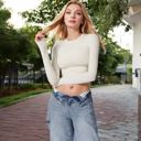 Beige Large Women's Long Sleeve Cropped Crew Neck Top