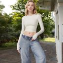 Beige Large Women's Long Sleeve Cropped Crew Neck Top