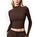 Brown Large Women's Long Sleeve Mock Neck Cropped Activewear Top