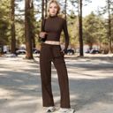 Brown Large Women's Long Sleeve Mock Neck Cropped Activewear Top