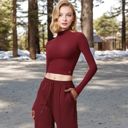 Red Medium Women's Long Sleeve Mock Neck Cropped Activewear Top