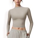 Beige Large Women's Long Sleeve Mock Neck Cropped Activewear Top