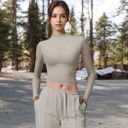 Beige Large Women's Long Sleeve Mock Neck Cropped Activewear Top