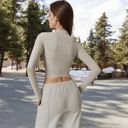 Beige Large Women's Long Sleeve Mock Neck Cropped Activewear Top