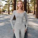 Gray Large Women's Long Sleeve Zip-Up Top with Thumbholes