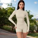 Beige Large Women's High Neck Long Sleeve Active Top with Subtle Pattern